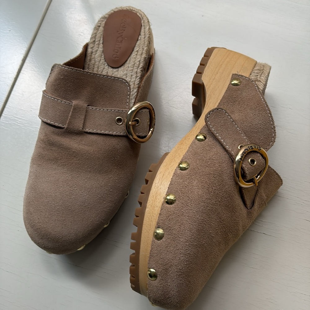 See By Chloe Brown Suede Viviane Clogs with Gold Accents NWOT